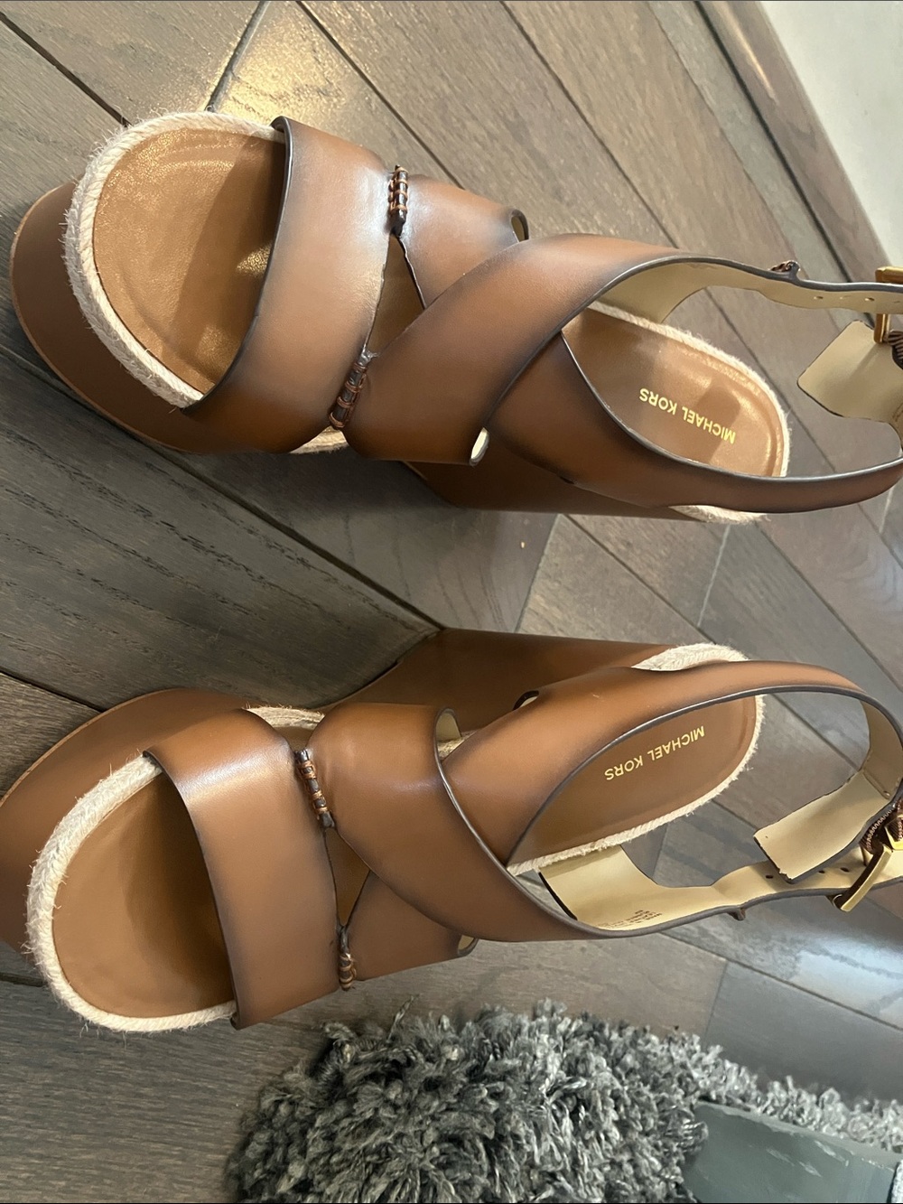 Michael Kors Tan Leather Espadrille Wedge Sandals